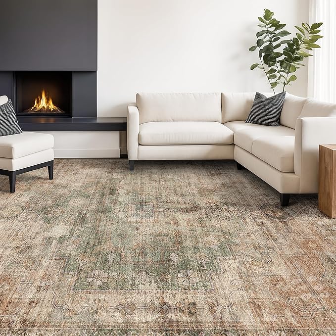 Green Brown Area Rug for Living Room – Washable 7x9 Rustic Farmhouse Carpet for Dining Room, Bedroom Under Bed, Non-Slip with Rubber Backing & Stain Resistant, Rust Taupe Faded Print Decor