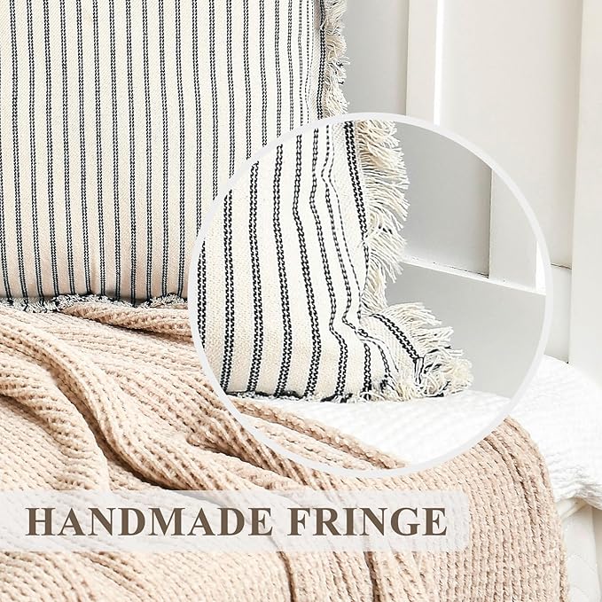ZWJD Fall Pillow Covers 18x18 Set of 2 Striped Pillow Covers with Fringe Chic Cotton Decorative Pillows Square Cushion Covers for Sofa Couch Bed Living Room Farmhouse Fall Decor, (Burnt Orange)
