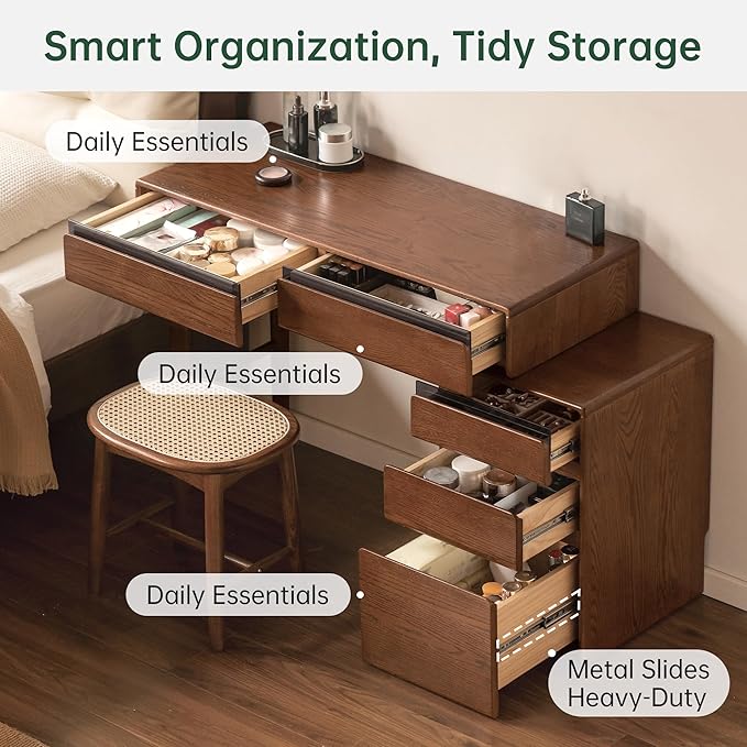 54" Extendable Vanity Desk, Solid Oak Wood Makeup Table with Adjustable Storage, Dressing Table for Bedroom, Study Desk for Home Office (No Chair & Mirror)