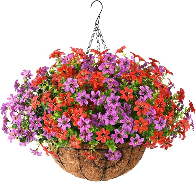 Artificial Flowers Fake Hanging Basket for Outdoor Spring Summer Decoration, 12 Bundles Faux Hanging Plants UV Resistant, Realistic Silk Flower for Outside Planters Porch Patio Balcony Yard Garden
