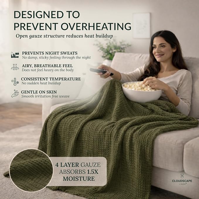 CLOUDSCAPE 4 Layer Muslin Blanket for Adults - 100% Cotton Throw Blanket - 50"x70" Oversized Gauze Throw for Sofa, Couch - Soft Lightweight Breathable Muslin Cotton Throws for Summer- Olive Green