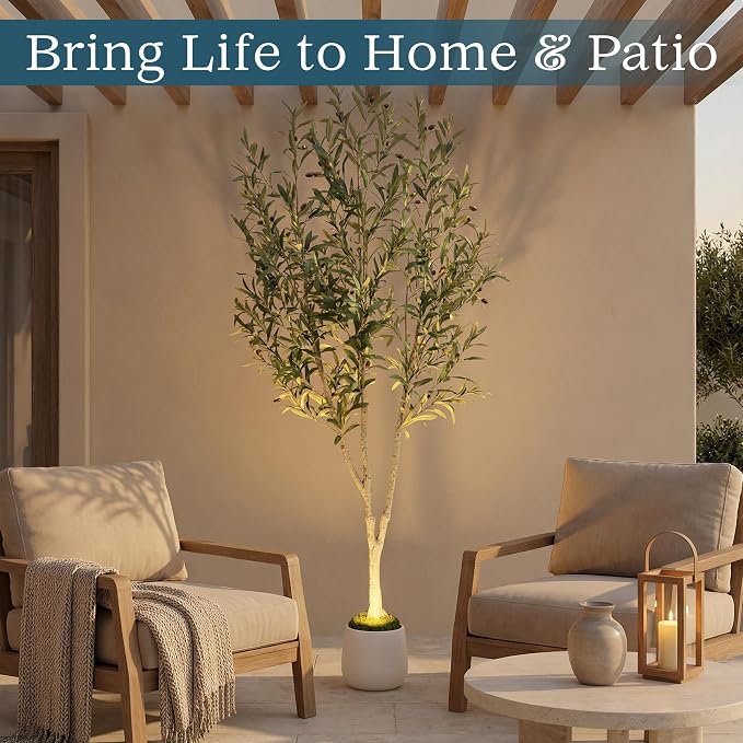 6ft Lifelike Artificial Olive Tree with Light, White Pot, Moss & LED | 943 Vein-Detailed Leaves · 52 Olives · 4ft Wired USB LED with Switch · Moss Included · Shapeable Branches · Zero Maintenance