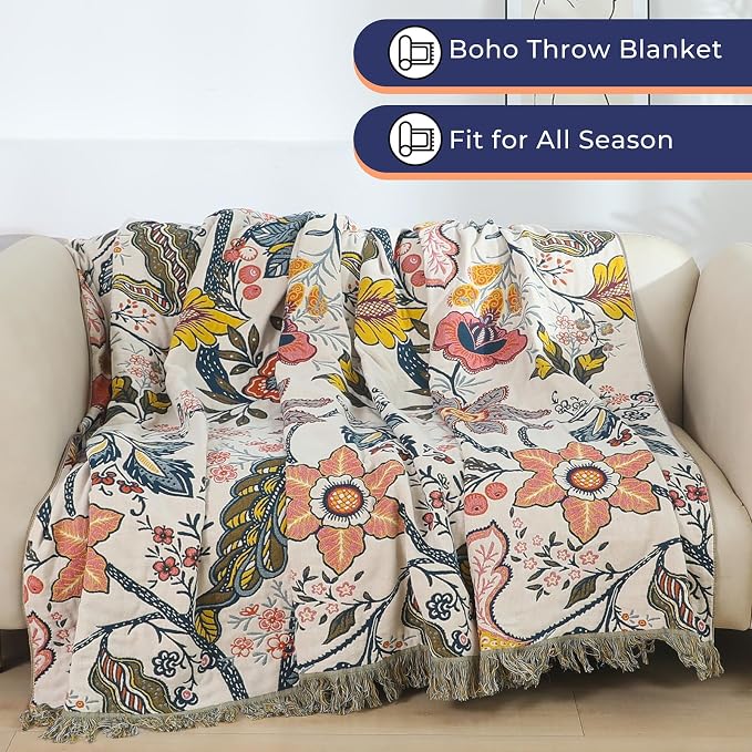 Boho Cotton Throw Blanket - Ultra-Soft Rustic Quilt for Bed, Home Decor & Travel - Large 60"x80" Muslin Blanket - All-Season Lightweight Bedspread & Throw for Women & Moms