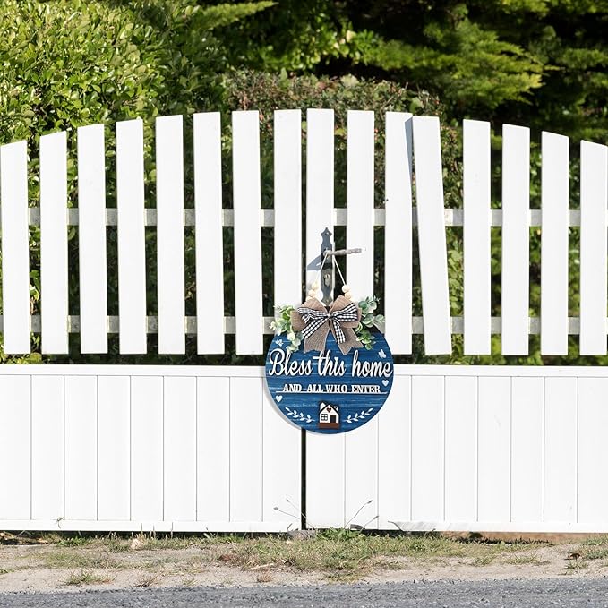 3D Bless This Home and All Who Enter Wooden Front Door Signs，Door Decorations Hanging,Christian Jesus Home Porch Wall Decor，Spring Wreaths，Door Wreaths for Front Door Outside All Season（Blue）