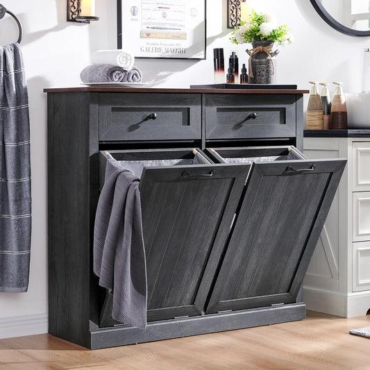Double Tilt Out Laundry Hamper Cabinet, 20 Gallon Farmhouse Trash Can Cabinet with Drawer, Hidden Wood Garbage Can Bin Cabinet with Laundry Storage Basket for Bathroom, Kitchen, Dark Grey