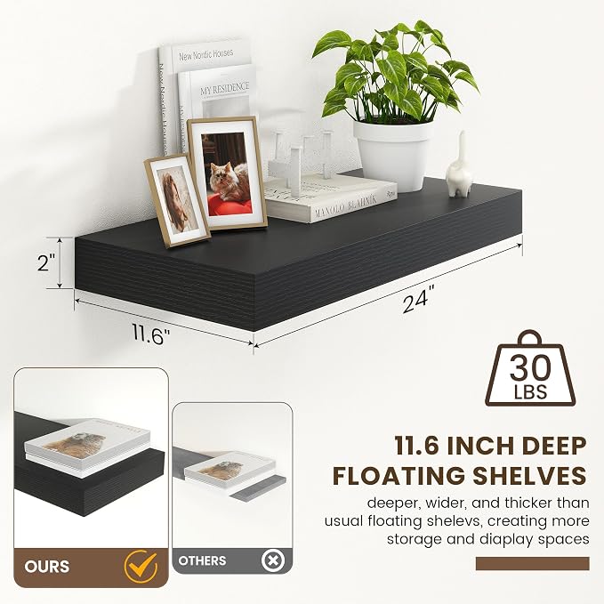 FLYJOE 12 Inch Deep Floating Shelves | 24 Inch Black Floating Shelves | 24W x 12D Rustic Black Wall Shelves | Deep Shelves for Living Room Bathroom Kitchen Bedroom