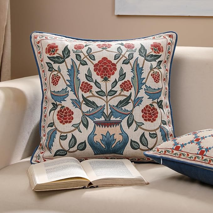 patdrea French Vintage Linen Throw Pillow Cover,18"x18",Set of 2-Puno B | Elegant Decorative Pillow Case with Zipper,Elegant Floral Pattern,Pillow Cover for Couch Living Room Bedroom Sofa