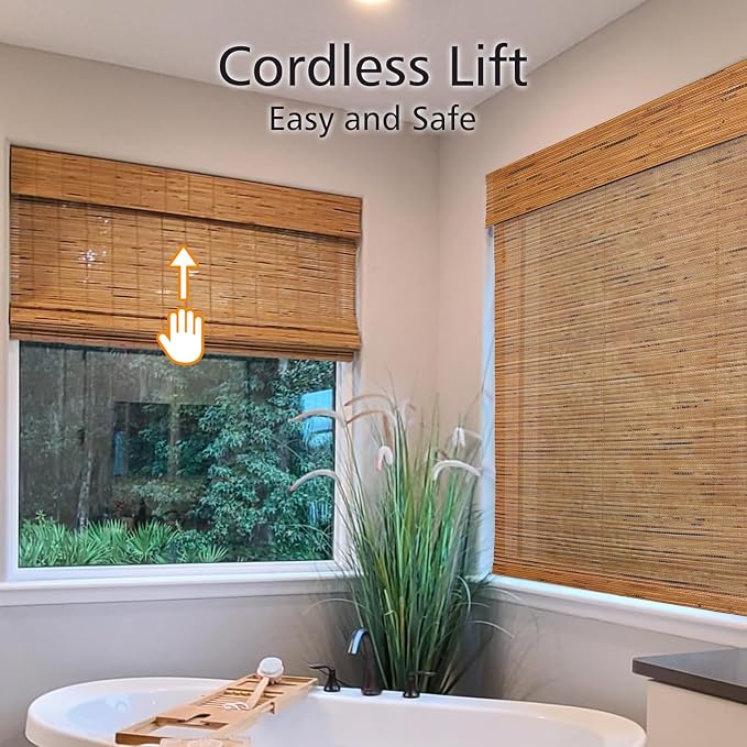 LETAU Cordless Wood Window Shades Blinds, Bamboo Window Blind Sun Shade, Light Filtering, Almond Brown, 30" W x 48" L