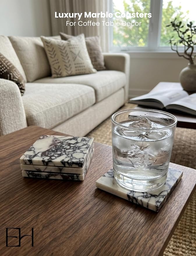 4" Square Calacatta Viola Marble Coasters Set of 4 for Coffee Table | Real Natural Stone Coasters, Non Slip Cork Backing, Modern Living Room and Office Desk Decor, Housewarming Gift