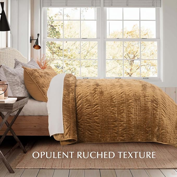 EVERGRACE Luxury Ruched Velvet Quilt Queen Size, Ultra Soft Bedspread Coverlet Set, Lightweight Velvet Comforter, Quilted Bedding Cover with 2 Matching Shams for All Season, Gold Yellow | Luxe Velvet