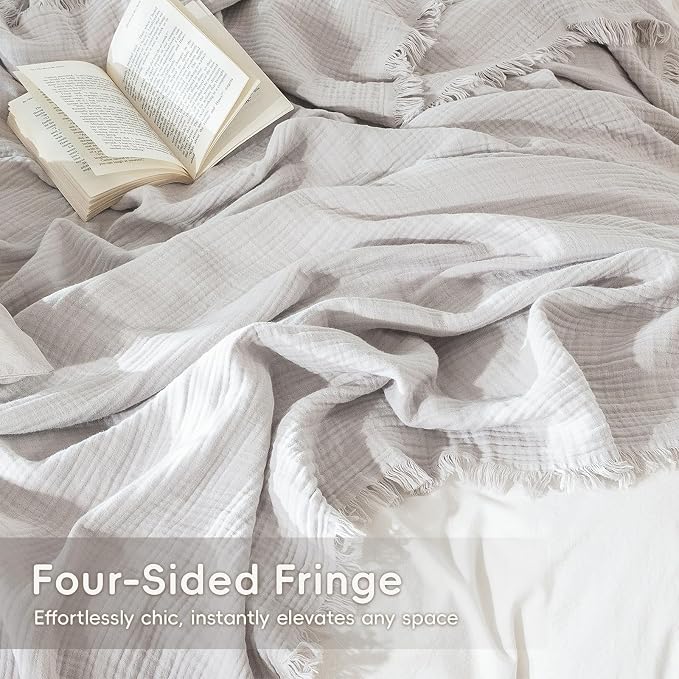 MooMee Muslin Blanket - 100% Cotton 4-Layer Gauze Throw Blanket with All-Around Fringe, Soft Breathable Lightweight Cooling Summer Blankets for Bed Couch (Light Grey,King 104" x 90")