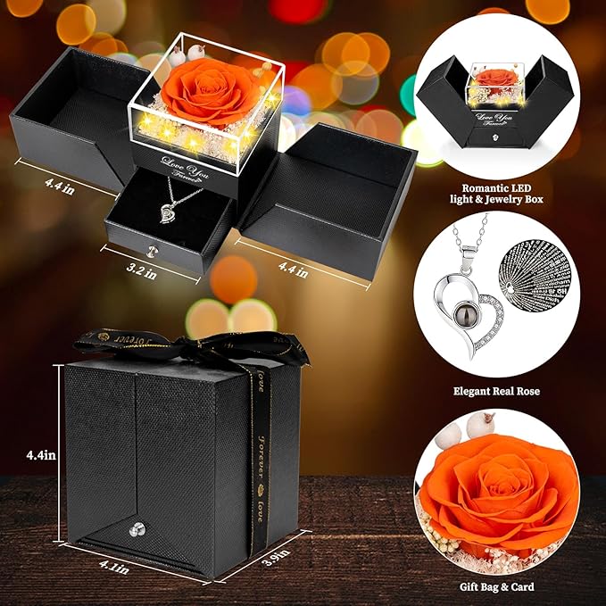 ENERLEAF Preserved Orange Real Rose-Eternal Flowers Rose Gifts for Mom Grandma Wife Girlfriend on Mothers Day Birthday Valentines Christmas Anniversary Romantic Gifts for Her with I Love You Necklace