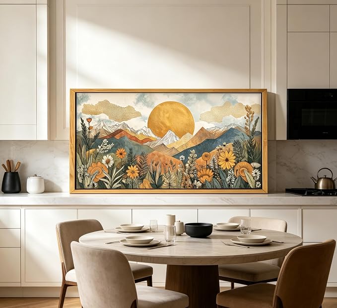 Vintage Framed Large Abstract Mountain Wall Art,Horizontal Boho Nature Landscape Canvas Print,Daisy Sun and Flowers Picture Poster,Japanese Orange Painting Artwork for Bedroom Living Room Office
