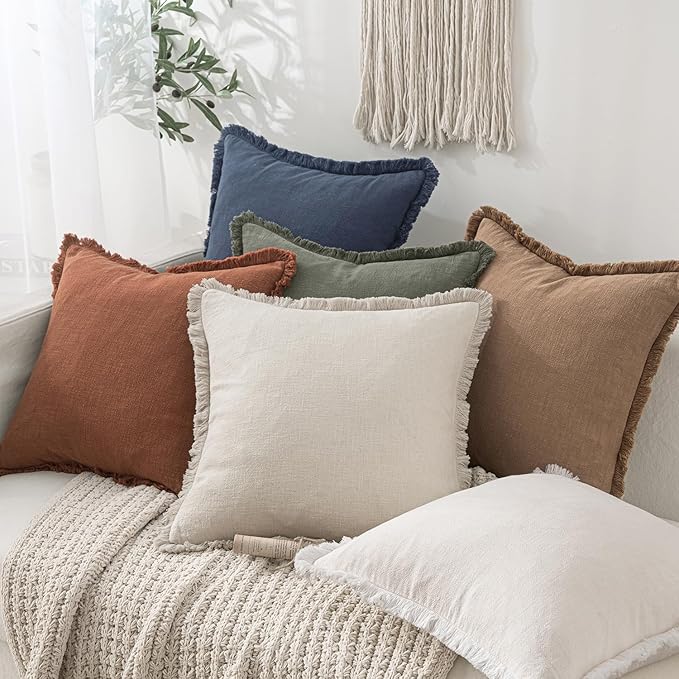 MIULEE Decorative Lumbar Throw Pillow Covers Neutral Linen Fringe Throw Pillows Set of 2 Brown Boho Farmhouse Cushion Covers with Tassels for Couch Sofa Bed Living Room Spring Home Decor 12x20 Inch