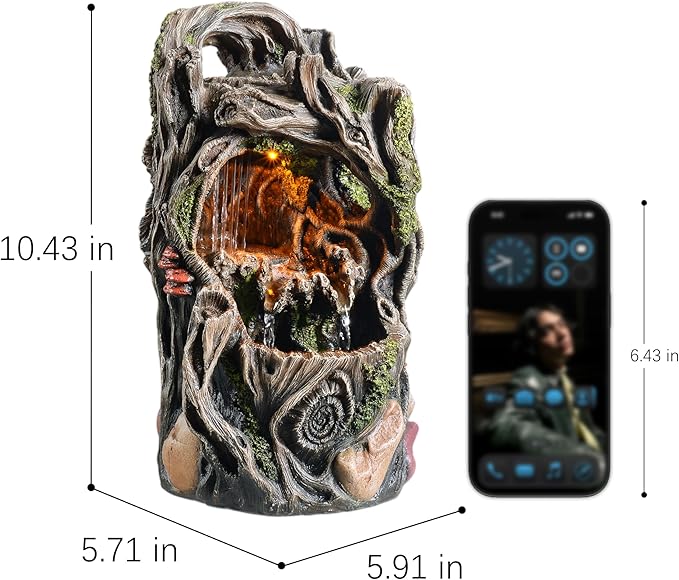 MAOCHI Tabletop Water Fountain, Home Décor Soothing Sound Machine with Automatic Pump, Nature Tree Stump Resin and for Indoor Zen Relaxation for Office, Living Room, or Bedroom Décor