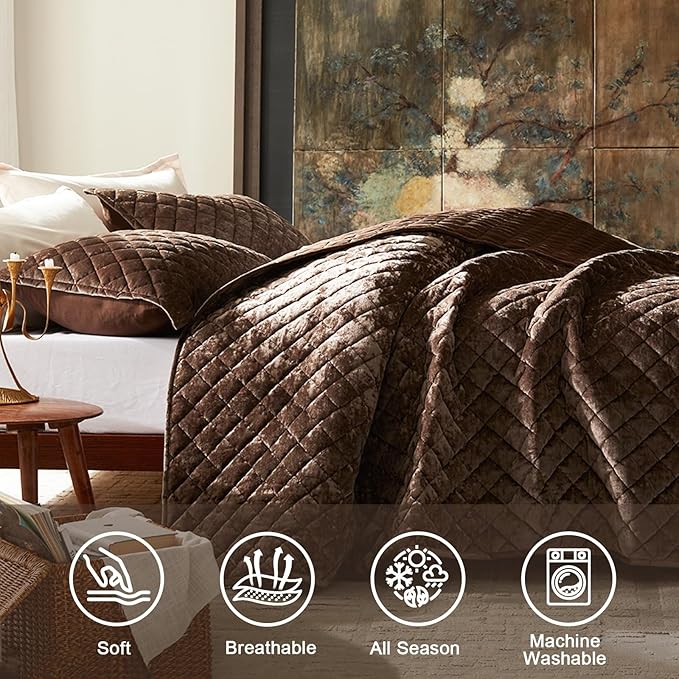 Cosybay Luxury Velvet Quilt Set Queen, Lightweight Oversized Bedspread Coverlet Quilted Box Stitch Bedding Set, with 2 Matching Pillow Shams, for All Season, Mocha Brown