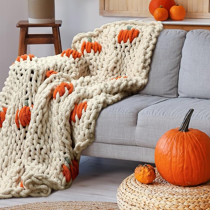 Mindsoft Chunky Knit Throw Blanket Large 50" X 60" 100% Handmade Cream Chenille Loop Yarn Fluffy Soft Knitted Throw Big Cozy Thick Cable Knit Crochet Blanket for Couch Sofa Bed (Orange,Pumpkin)
