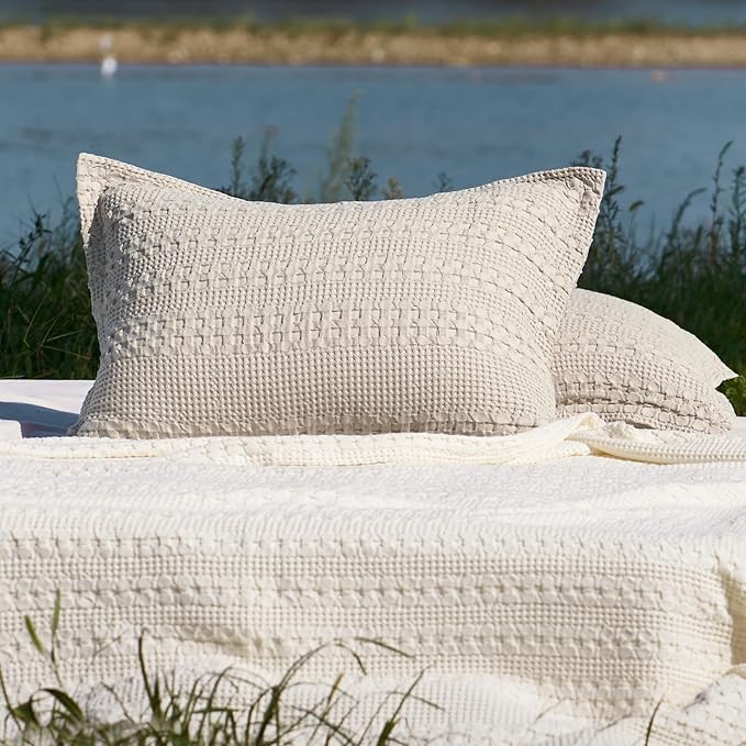 PHF 100% Cotton Ruffle Waffle Pillow Shams King Size, 2 Pack 20" x 36" Soft Skin-Friendly Pillowcases, No Filling, Aesthetic Home Decor, Breathable Waffle Weave Bed Pillow Covers, Oatmeal