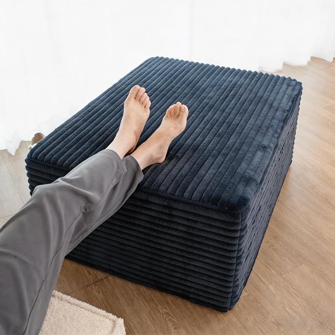JINGLING 37.4" Rectangle Ottoman Foot Rest for Couch - Corduroy Upholstered Compressed Memory Foam, Cloud Ottoman for Modular Sectional, No Assembly Required, DIY Combination, Blue