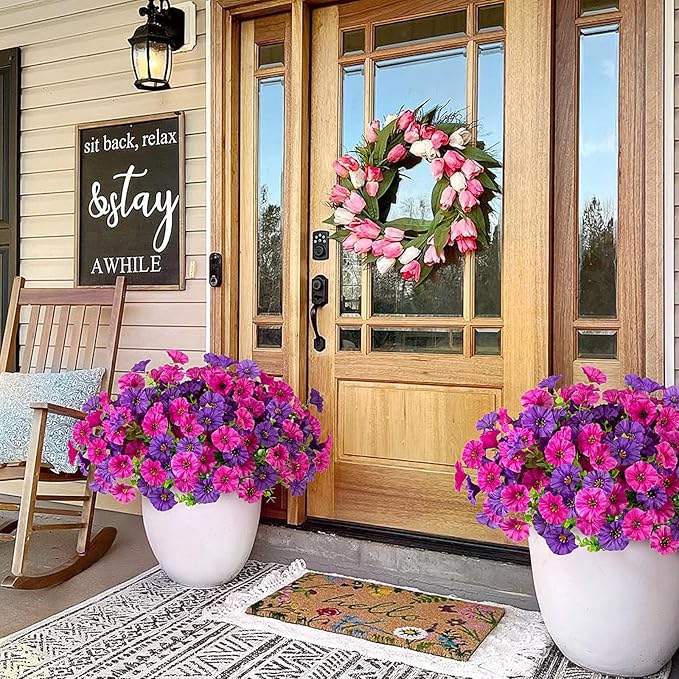 Hrobek Artificial Flowers for Outdoors, 12 Bundles Fake Plastic Flower Plant, UV Resistant Faux Colorful Silk Morning Glory Petunias for Spring Summer Outside Garden Porch Front Door Decor, Purple