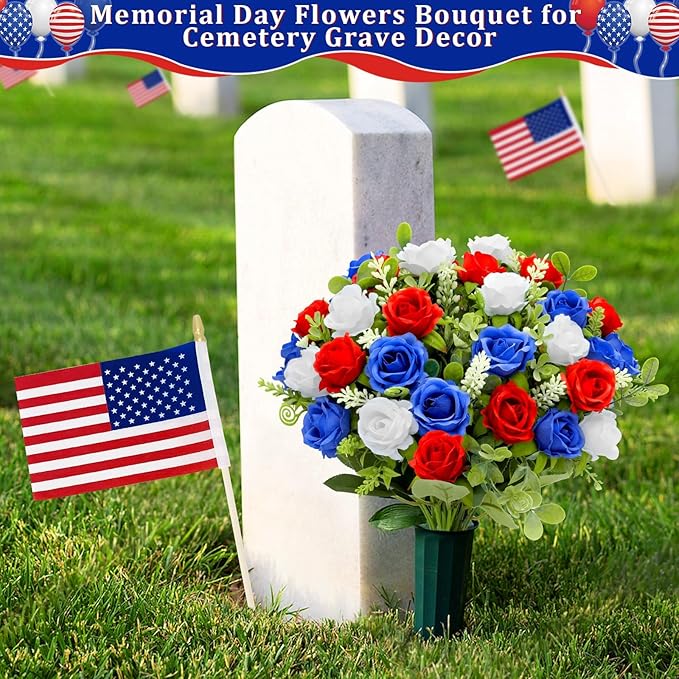 4 Bouquets Artificial Memorial Flowers, Outdoor Grave Decorations, UV Resistant Realistic Fake Silk Roses Patriotic Cemetery Flowers for 4th of July Independence Day Decor Home(Red,White,Blue)
