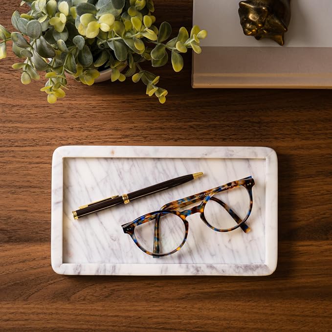 Cork & Mill Marble Tray for Bathroom Countertop, Kitchen Counter, or Catchall - 8 3/4" x 5" Small Rectangular Vanity Tray for Skincare or Perfume - Handcrafted Natural White Marble Stone Organizer