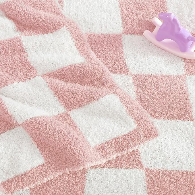 WRENSONGE Soft Checkered Throw Blanket for Couch-Cozy Warm Knitted Blankets | Lightweight Fluffy Decor for Boys & Girls, Sofa, Chair, Bed, 30x40in,Pink