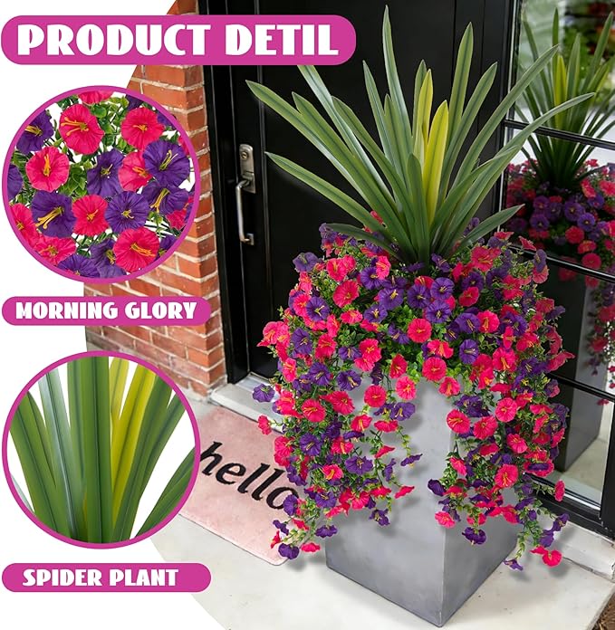 3 Bundles Fake Artificial Morning Glory Flowers for Outdoors, 1 Bundles Faux Greenery Plants UV Resistant Weatherproof for Indoor Outdoor Garden Patio Window Box Home Decor