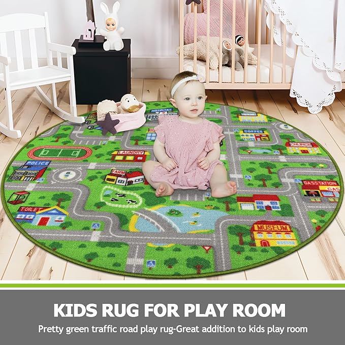 Capslpad Green Car Road Kid Rug Carpet Playmat for Playoom Traffic Road Kids Play Mat for Toddler Non Slip Washable City Map Race Track Carpet Rug for Kids Room Bedroom Nursery Room Decor,4'x4'