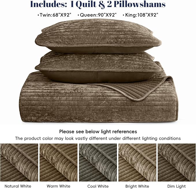 PHF Luxury Velvet Quilt Set Queen Size – 3PCS Ultra Soft Quilted Comforter Alternative with Striped Channel, Cozy Quilted Bedspread, 1 Coverlet with 2 Matching Shams, 90" x 92", Cub