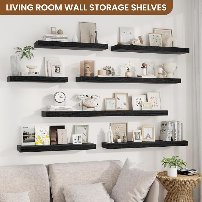 fuqing Floating Shelves for Wall, Wall Mounted Wood Floating Shelf with Invisible Brackets for Living Room, Bathroom, Bedroom, Kitchen Storage and Decor, 24 Inch Set of 2, Black