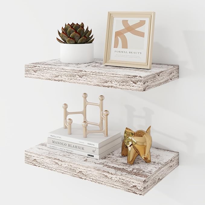 Acovy 16 Inch Floating Shelves, 9.3" Deep Floating Shelf Wall Mounted, 16" Wall Shelves, Rustic Deep Bookshelf, Large Display Shelves & Storage Shelves for Bedroom, Living Room, Rustic, Set of 2