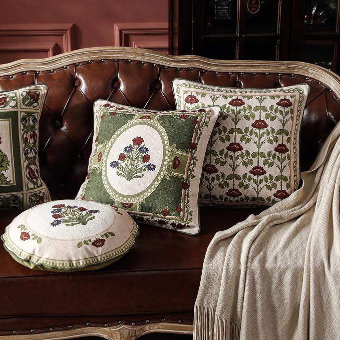 ISAENNE Elegant Linen Throw Pillow Cover,Set of 2,Diameter 16"-Estonia E | Designer Vintage Round Pillow Cover,Concealed Zipper Design,Floral Pattern,Sofas,Bedroom,Living Room,Lounge Chairs
