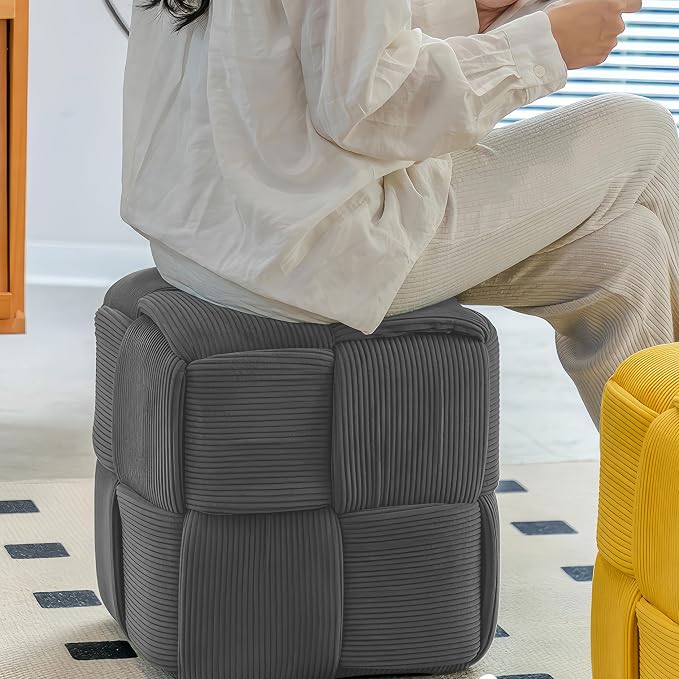 Cmishe 15" Square Woven Corduroy Ottoman Footrest - Modern Vanity Stool for Living Room & Entryway, Eco-Friendly Wood Frame, No Assembly (Grey)