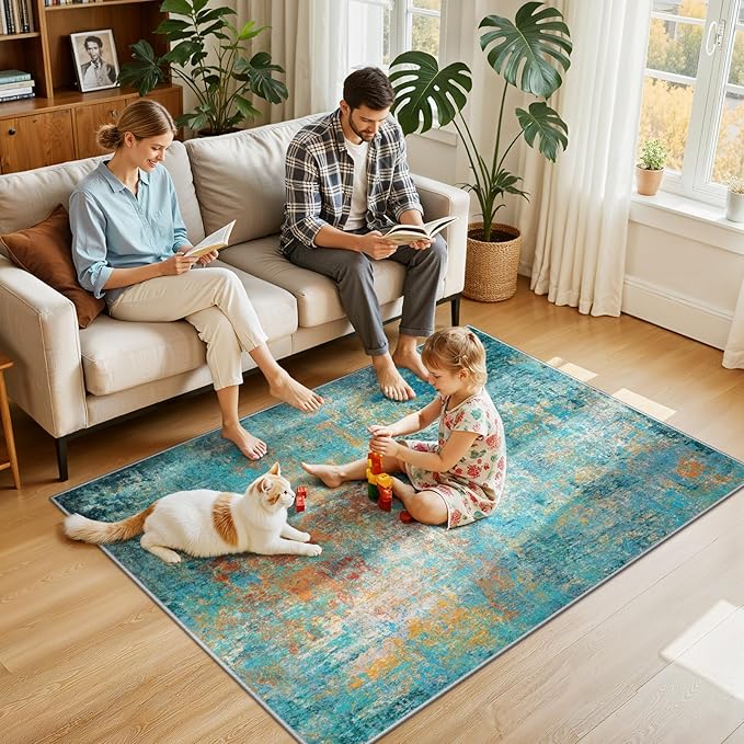 RELEANY Washable Area Rugs 4'x6' Non-Slip Modern Abstract Soft for Living Room Entryway Bedroom Nursery, Print Pattern, Teal Blue Green Orange Rust Red Coloreful