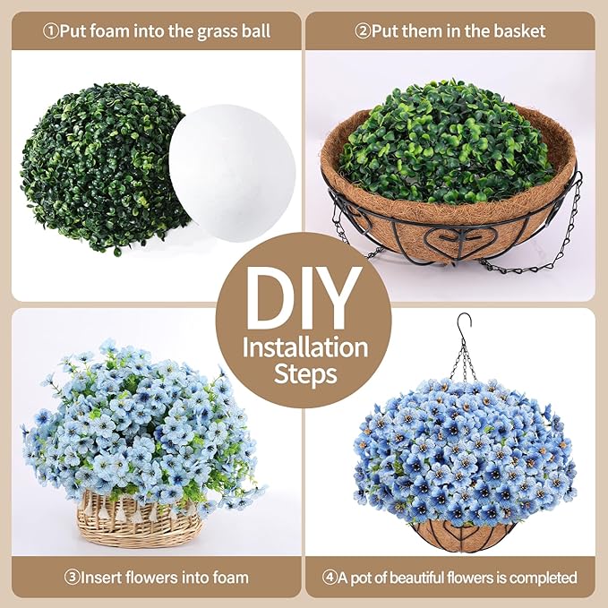 Artificial Hanging Flower for Outdoors, Fake Hanging Basket for Outside,1 Hanging Basket with 13 Pcs Faux Silk Flowers for Porch, Balcony and Patio Decor(Blue)