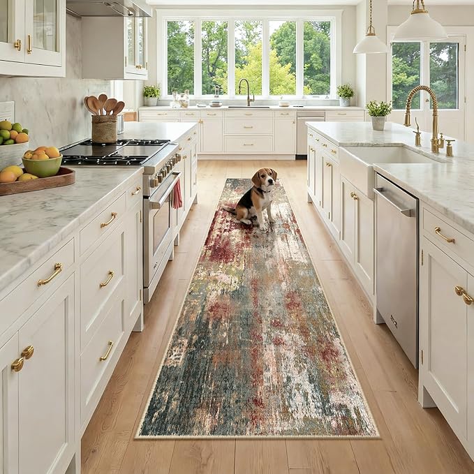 RELEANY Washable Area Rugs 2x9 Non-Slip Modern Abstract Soft for Living Room Entryway Bedroom Nursery, Print Pattern, Brown Rust Red Green Blue Multi