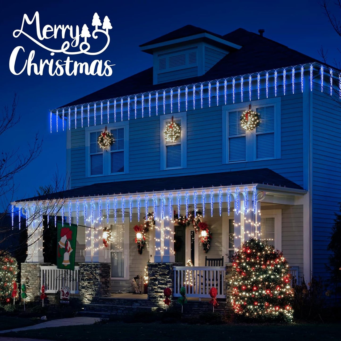 Icicle Lights Outdoor, 19.8Ft Meteor Shower Lights with 20 Tubes, Snowfall Shooting Star Light Effect, Falling Cascading Crystal Christmas Decorations for House, Eave, Roofline, Patio, Blue