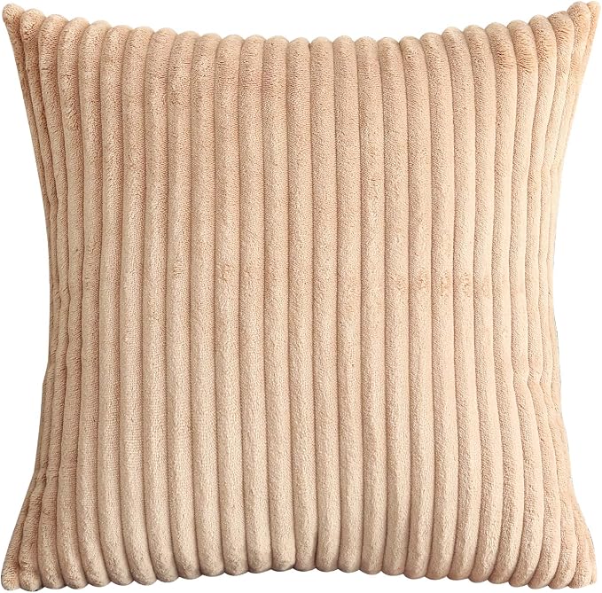 TangDepot Velvet Big Corduroy Pillow Covers 14x14 Khaki 2-Pack | Soft wide-stripe corduroy pillow cover, hidden zipper, machine washable, easy refresh, for bedroom living room indoor outdoor