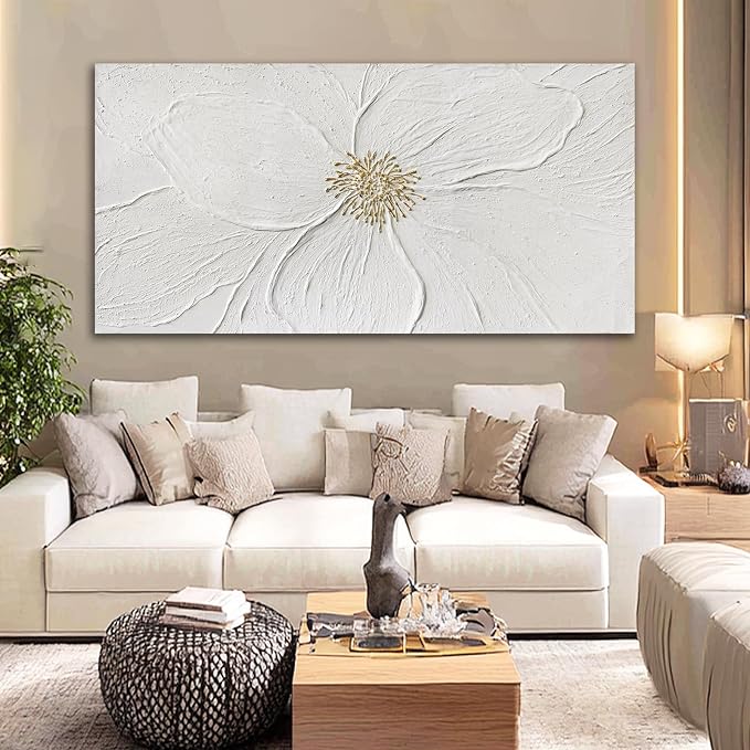 Large Floral Abstract Wall Art, Hand Painted Textured Canvas with Soft Organic Petal Forms, Ivory and Beige Tones with Gold Accents, Oversized Modern Statement Wall Decor, Gallery Wrapped, 29×58 Inch
