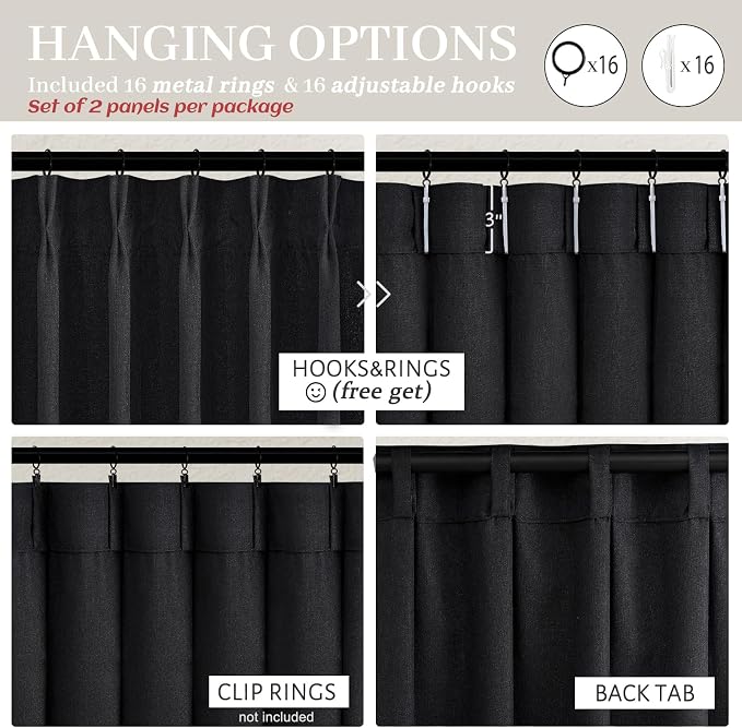 Modern Pinch Pleated Black Curtains for Bedroom 2 Panels Set, Light Filtering Linen Blend Sheer Patio Door Floor to Ceiling Long Curtain Privacy 100-102 Inch Big Drapes with Hooks Rings 40"W x 102"L
