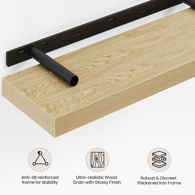 Vivelove 36 Inch Floating Shelves Wall Mounted for Display, 6.5 Deep Duty Shelves with Invisible Brackets for Living Room,Bedroom,Kitchen, Bathroom Storage & Decor,36" Wx6.5 Dx1.4 H - Oak