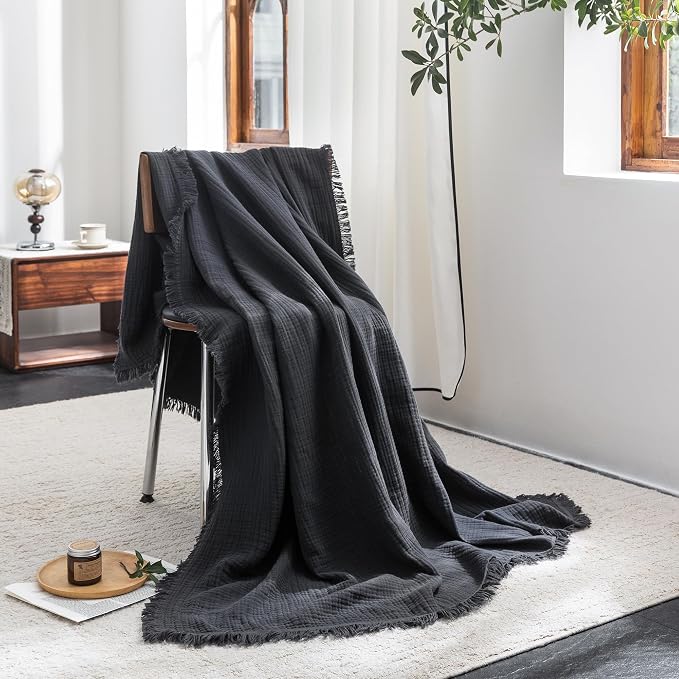FOSSA Muslin Blanket 4-Layer 100% Cotton Gauze Blanket with Fringe 50"x70" | Super Soft Breathable Lightweight All Season & Decorative Blanket or Bed, Sofa, Office (Dark Gray,Throw XL)