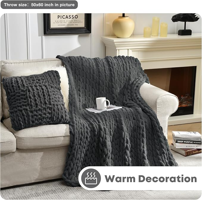 Soft Chunky Knit Blanket, 60X80 in Handmade Thick Chenille Yarn Throw Without Shedding & Raveling, Aesthetic & Cozy Home Decor with Couch Sofa Bed, Gift Pack, Dark Grey