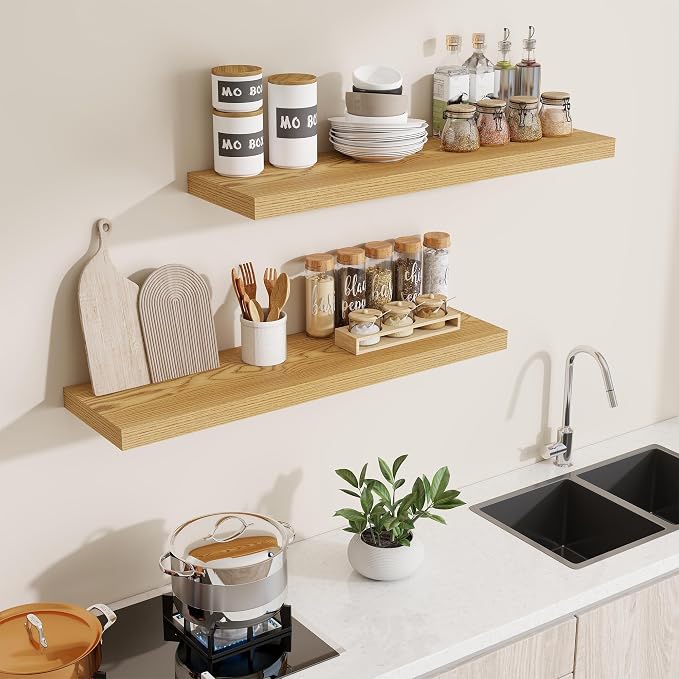 Dreamland 40Inch Floating Shelves for Wall 9.3" Deep Light Brown Set of 2 | Wall shelves for bathroom, bedroom, Living Room, kitchen, deep wall mount wood storage display for home decor 40" x 9.3"