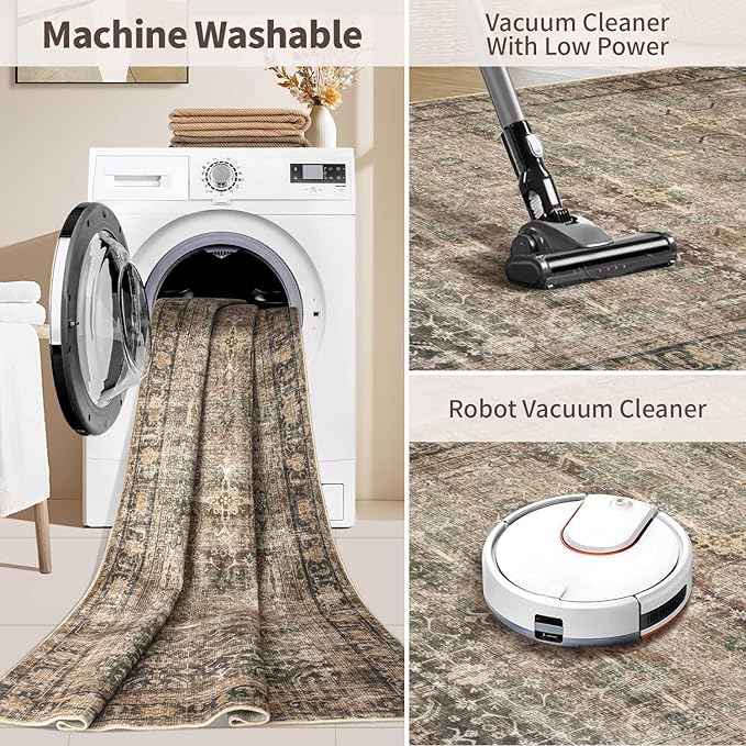 Rugxara Area Rugs for Living Room Bedroom, Washable Rug, Brown Vintage Retro Boho Rug, Non Slip & Low Pile Wool Thin Carpet for Indoor Dining Room, Kids Room and Office(Charcoal/Olive 4x6ft)