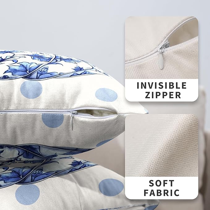 Fall Pillow Covers Blue and White Porcelain Maple Leaf Pumpkin Throw Pillow Covers 24x24 Set of 2 Autumn Blue Polka Dot Pillowcase Thanksgiving Cushion Case for Couch Sofa