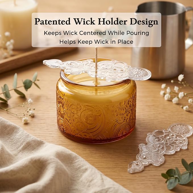 4 oz Orange Sun Moon Stars Candle Jars with Bamboo Lids, 18 Pack | Patented Embossed Design, Includes Wick Centering Devices & Warning Labels, Multiple Color Options
