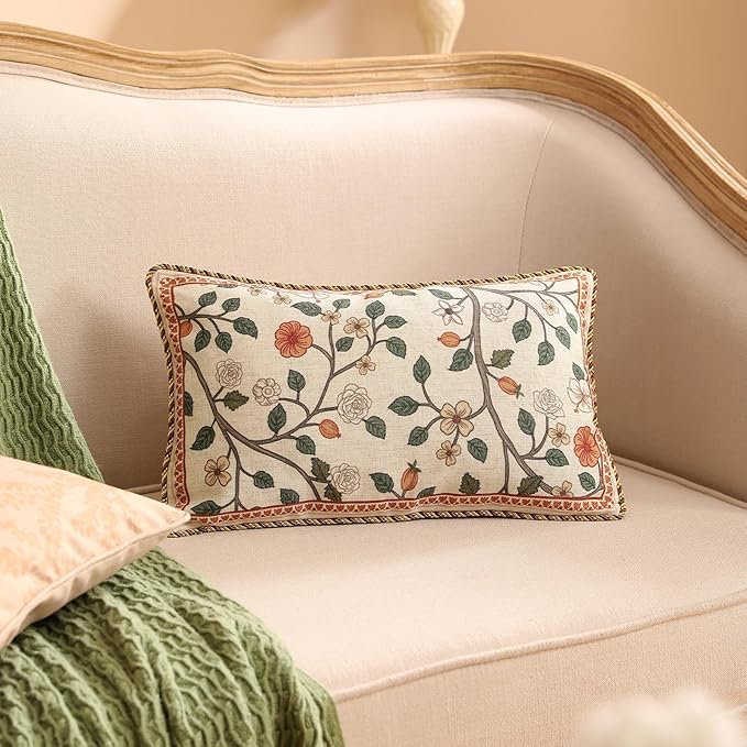 ISAENNE Designer Elegant Linen Throw Pillow Cover,Set of 2,20"x12"-Flora A | French Rectangle Decor Pillow Cover,Concealed Zipper Design,Floral Pattern,Sofa,Bedroom,Living Room,Lounge Chairs