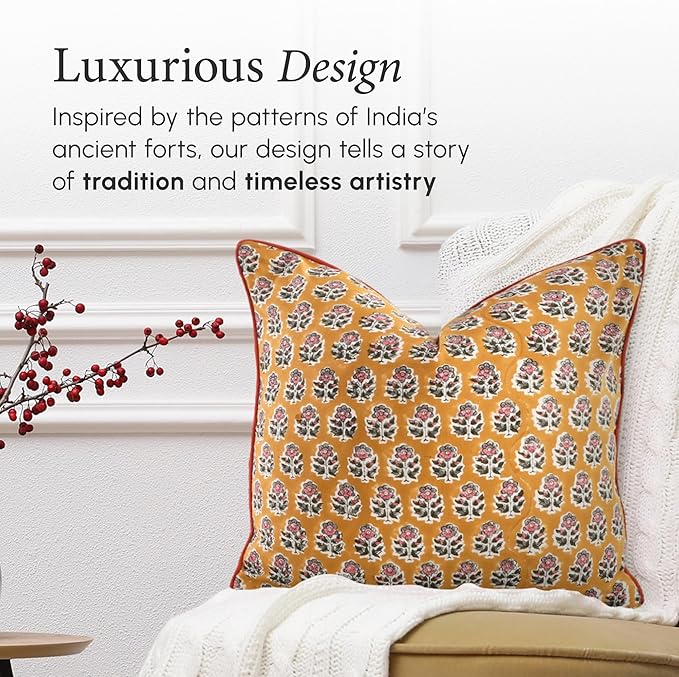 CPC 100% Cotton Throw Pillow Covers 18x18 Inch, Set of 2 Yellow Block Print Pattern Couch Pillow, Cute Boho Decorative Pillows for Living Room, Bedroom with Hidden Zipper- Yellow Citrine